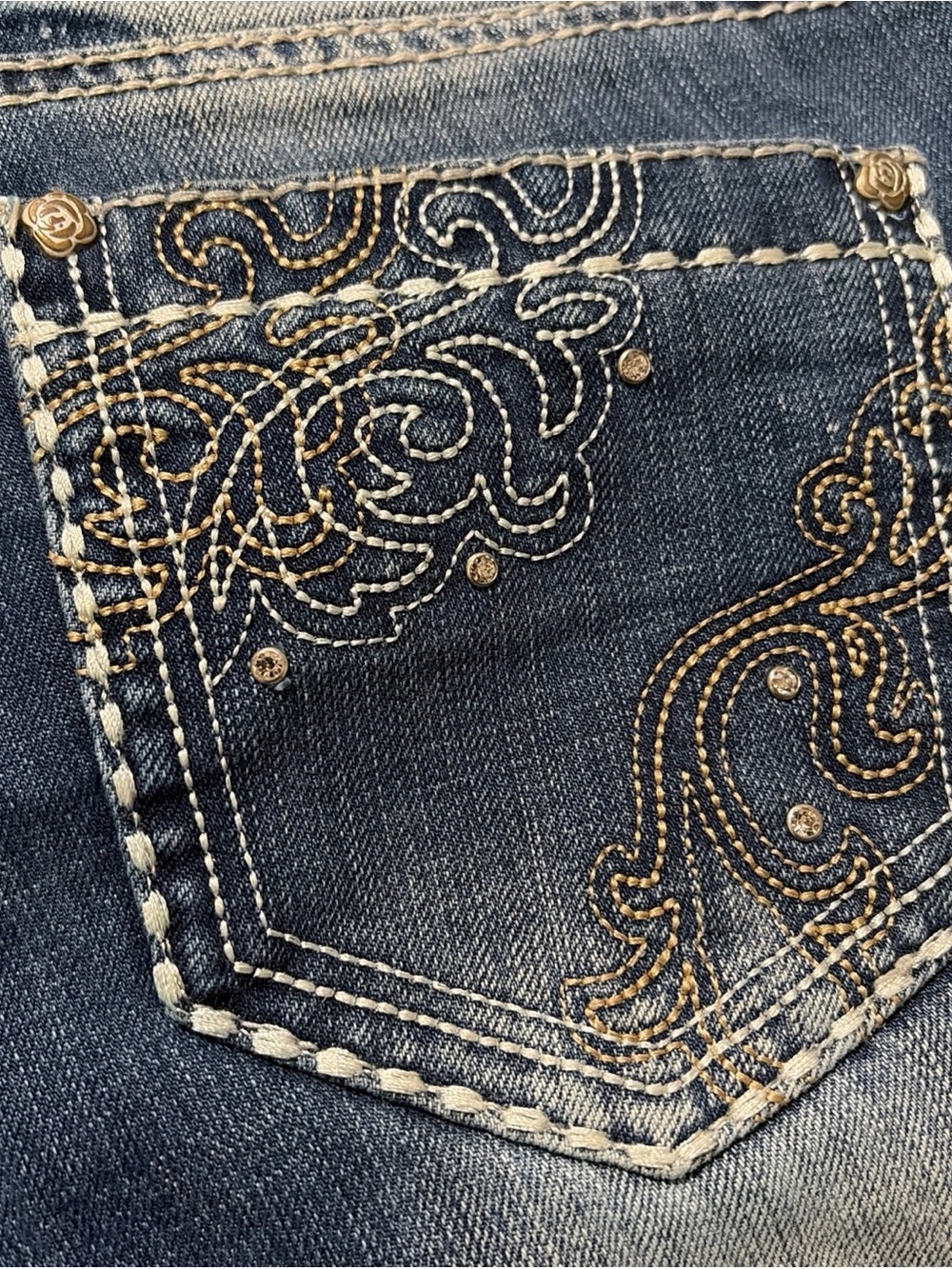 COWGIRL UP Medium Wash Embellished Embroidered Midrise Denim Jean Distress Rodeo